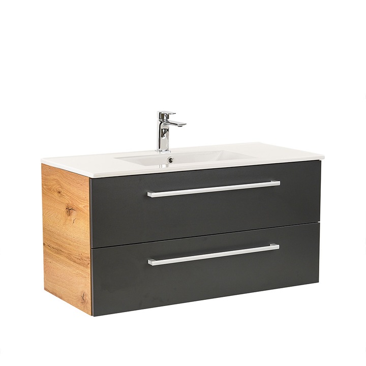 Dulap de baza Leziter Vario Clam 100 cu lavoar stejar-antracit