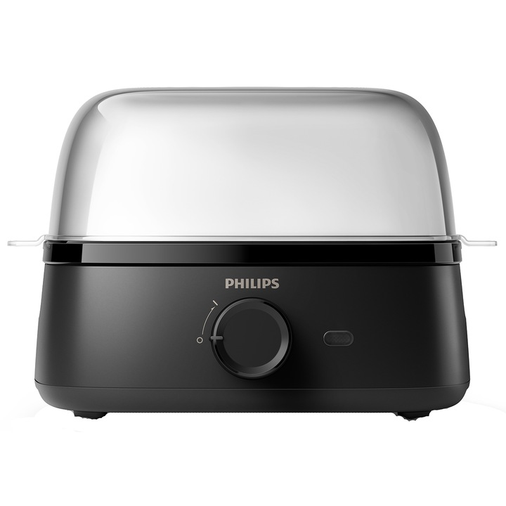 Fierbator Oua Philips HD9137/90, 400 W, 6 oua, Lumina „pornit”, Semnal „pregatit”, Pahar gradat, Accesoriu de strapuns oua, Accesoriu tava pentru oua posate, negru