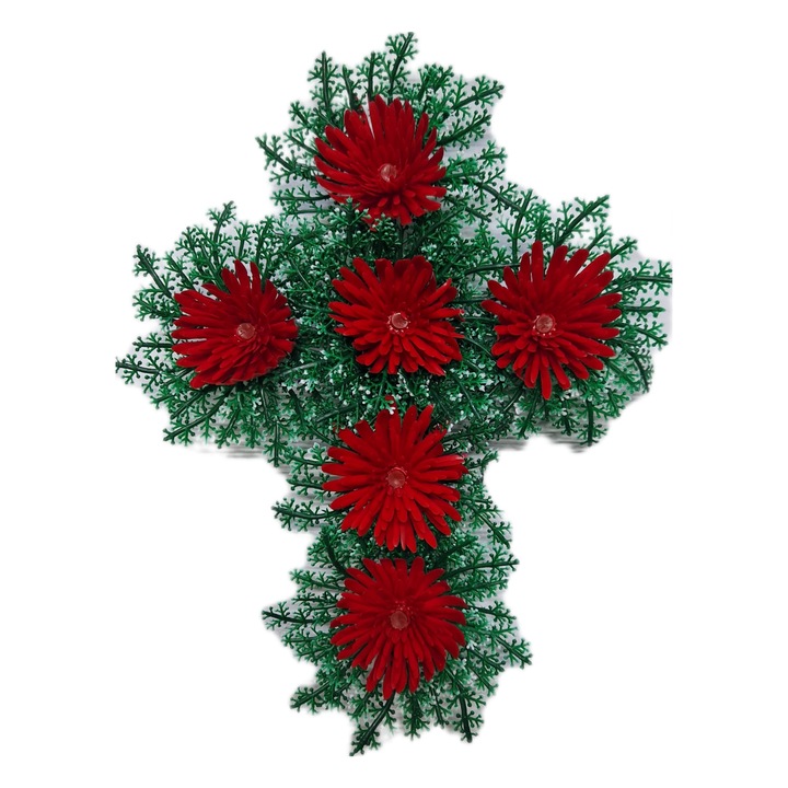 Coroana funerara din brad artificial in forma de cruce, 45×35 cm, impodobita cu flori rosii