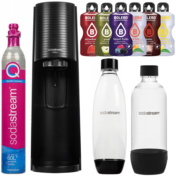 SodaStream Terra Black szódagép szett, 2 tál, 1 l, alumínium/üveg, fekete/fekete, tartozékok