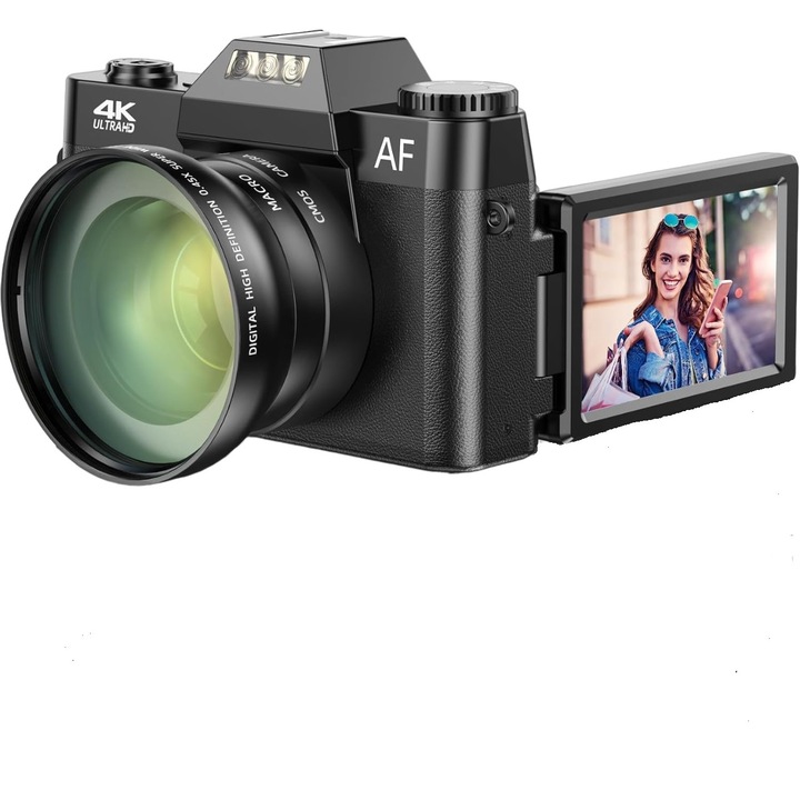 Camera video digitala, 4k, 48MP cu focalizare automata, card 32 gb inclus, 2 acumulatori 1500 mah, lentila cu unghi larg, camera compacta cu zoom digital 16X, afisaj de 3, 0 inchi