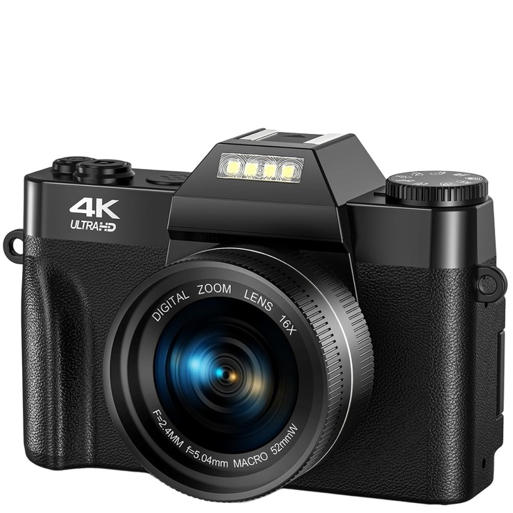 Digitális videokamera, kompakt, 4k, 56 megapixel, 16x zoom, 32 gb-os kártya, 2 elemmel, fekete