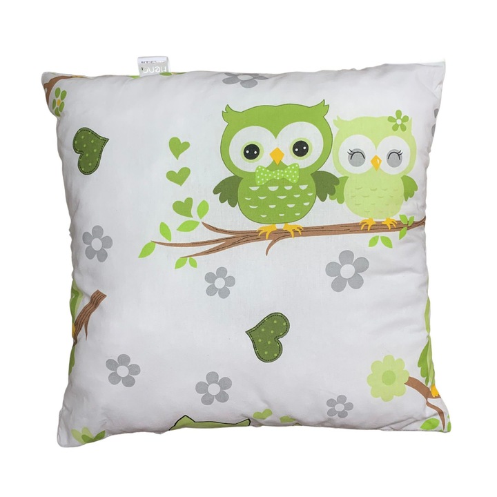 Perna cu 2 fete din bumbac bufnita verde si minky alb, 40×40