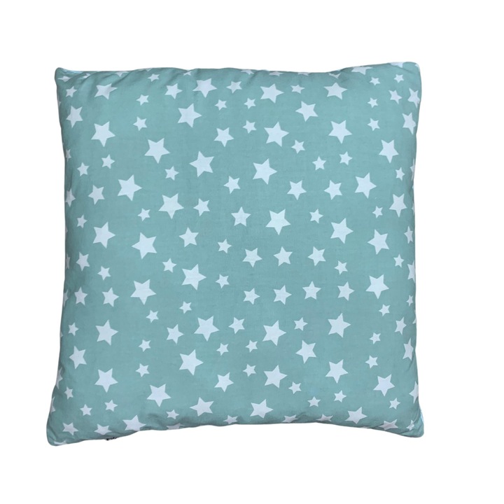 Perna cu 2 fete din bumbac turcoaz cu stele si minky albastru, 40×40