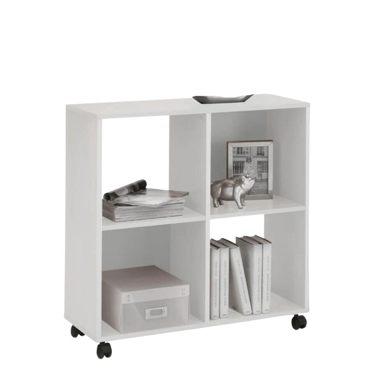 Polc forgatható kerekeken 4 rekesszel, fehér, Mobleto, 77x72x33 cm