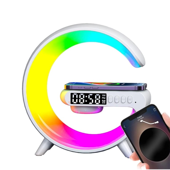 Többszínű intelligens lámpa RGB leddel, bluetooth funkciókkal és vezeték nélküli töltéssel rendelkező eszközökkel kompatibilis, fehér
