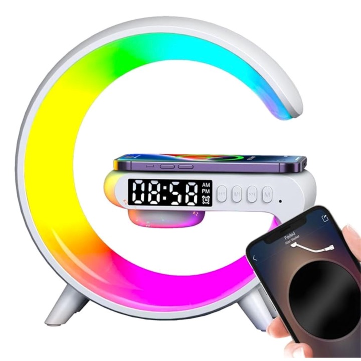 Statie incarcare compatibil cu telefon cu incarcare wireless 3 in 1 cu lampa rgb si boxa bluetooth, alb