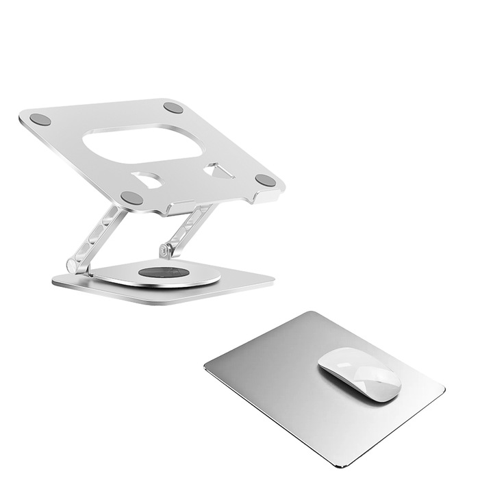 Suport Laptop, Tableta, Deikri™️, din Aluminiu, Reglabil Inaltime si Unghi Vizualizare, Portabil, Pliabil, Baza Rotativa 360 grade, Mousepad din Aluminiu inclus