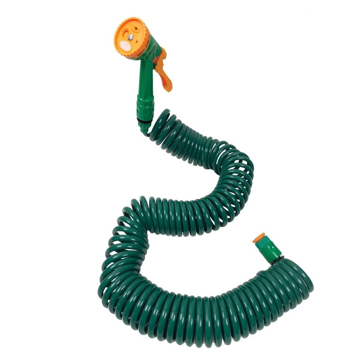 Shopiens spirális öntözőtömlő ,4 tartozékkal és 4 funkcióval, 15 m, zöld