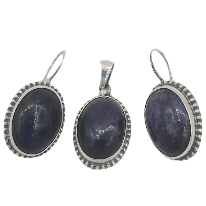 Set Cercei cu incuietori clasice si Pandant Argint 925 cu pietre ovale de onix Silva de 3 cm inaltime
