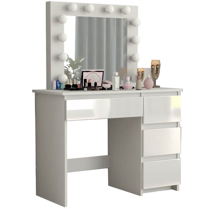 Masa de toaleta/machiaj, alb, sertare lucioase, cu oglinda si LED-uri, Irina, 94x43x141 cm