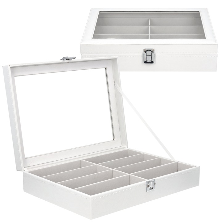 Organizator Pentru 8 Ochelari, g28, 34 x 24.5 x 8.5 cm, Sticla, Capacitate Mare Etui Pentru Pana La 8 Perechi De Ochelari, Utilizare Universala, Executie Solida – Constructie Durabila, Alb