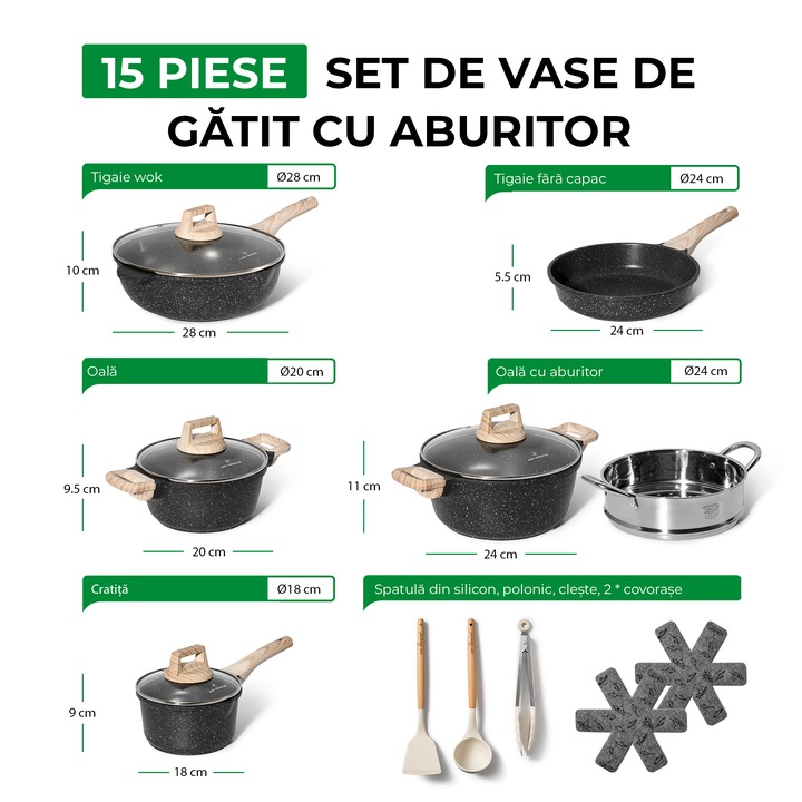 Set De Oale JUST PERFECTO - 15 Piese - Set Gatit Cu Capac - Set De Oale Si Cratite Granit - Easy Cook and Clean - Cu Accesorii JL-780