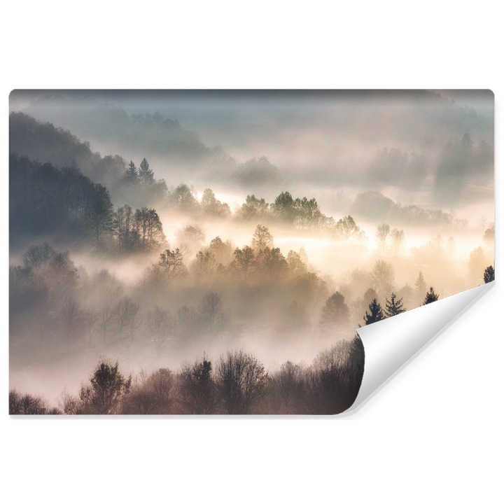 Ködös erdő napkeltekor falfestmény tapéta, trópusi dekoráció nappaliba 450 cm x 300 cm hálószoba