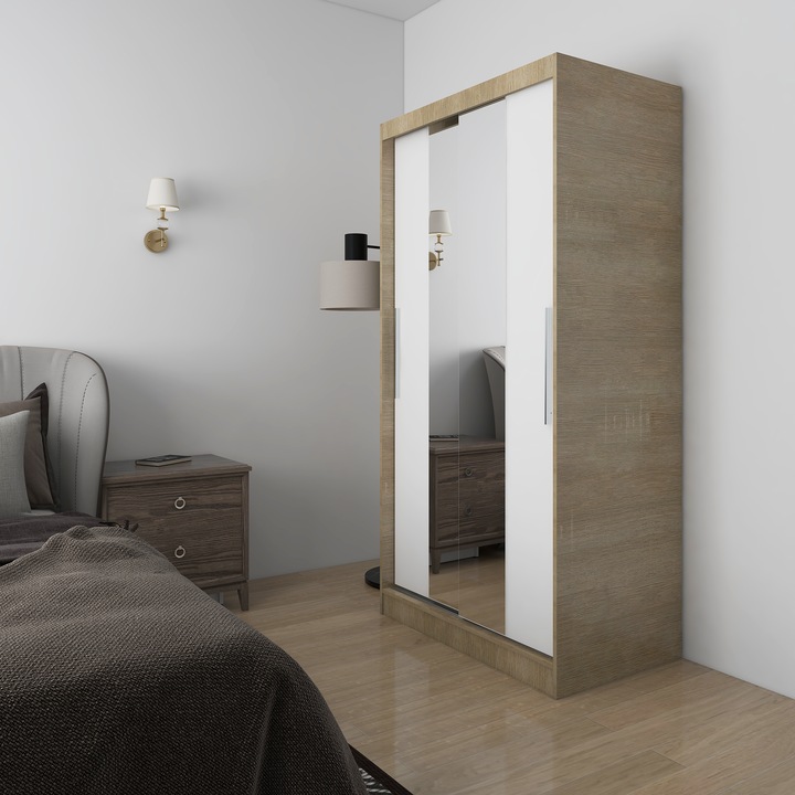 Dulap/Dressing KringX Fiona 100, usi glisante cu oglinda, 100x60x200 cm, culoare sonoma/alb