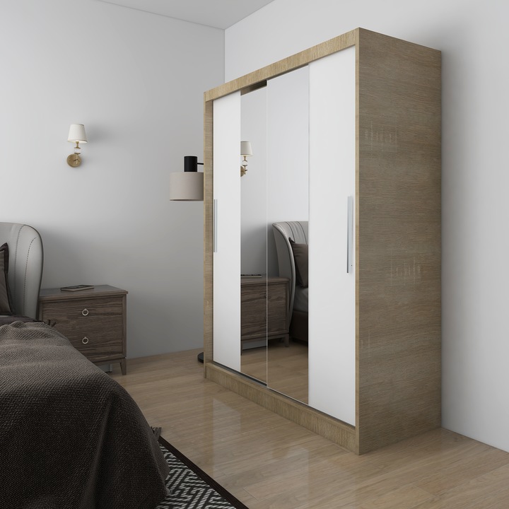 Dulap/Dressing KringX Fiona 150, usi glisante cu oglinda, 150x60x200 cm, culoare sonoma/alb