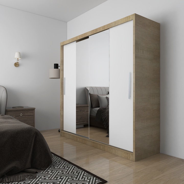 Dulap/Dressing KringX Fiona 200, usi glisante cu oglinda, 200x60x200 cm, culoare sonoma/alb