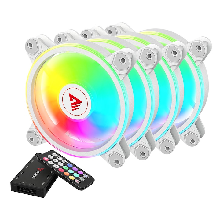 4 db Savio FAN-01 RGB PC ventilátor készlet, vezérlővel és távirányítóval, fehér