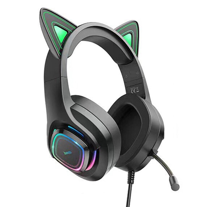 Casti Over-The-Ear cu fir, pentru gaming, cu urechi pisica, conectivitate Jack 3.5mm, cu microfon, lumini LED, ABS, 2m lungime cablu, Negru-Verde