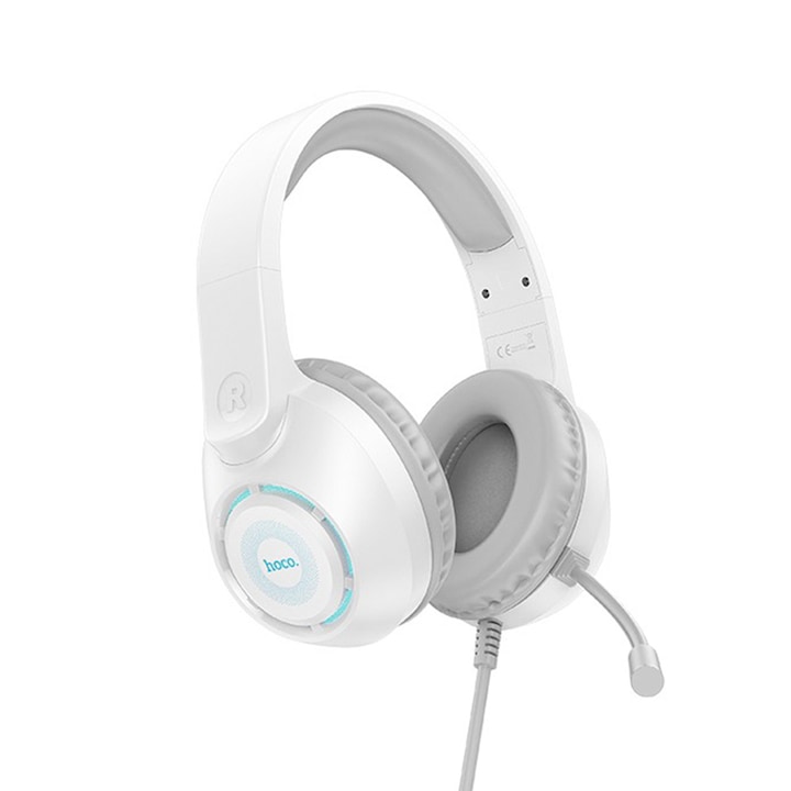 Vezetékes, fülre helyezhető fejhallgató játékhoz 3,5 mm-es Jack Jack és mikrofon, Hi-Fi, LED világítás Hoco, 2 m - fehér