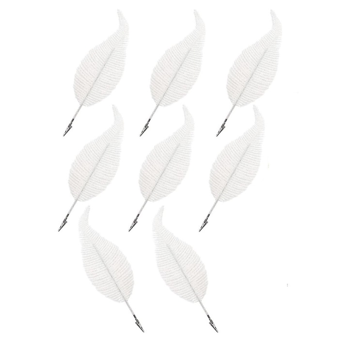 Set 8 pene decorative cu sclipici, Albe, cu cleme, 23x8 cm