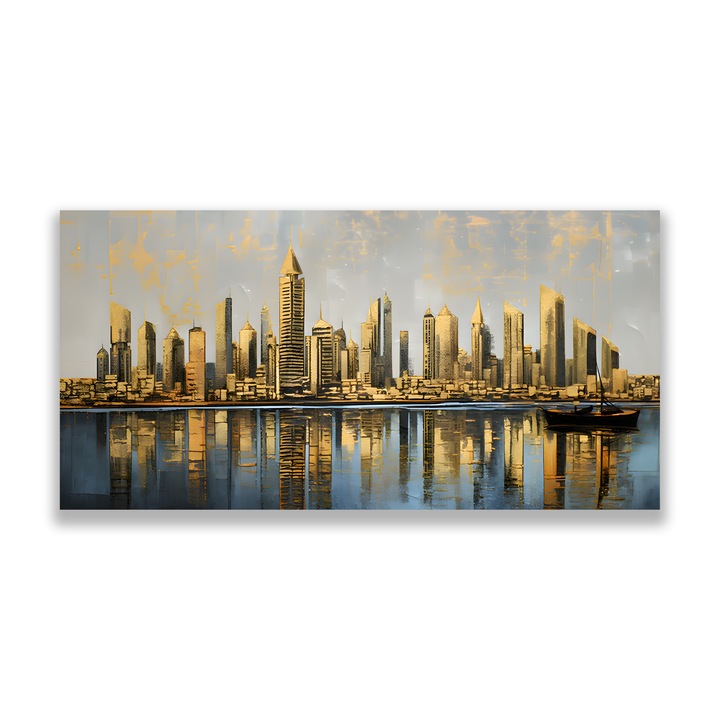 Първокласна картина на платно, LuxCanva® A1383, Град в огледалото, 70 X 140 CM, 100% памучно платно 400g/m2, Дървена рамка, Всекидневна, Сгради, Отражение, Спалня, Живи цветове