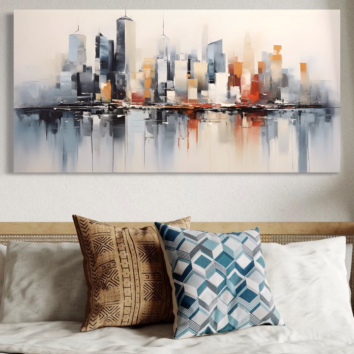 Tablou Canvas Premium, LuxCanva® A1386, The City, 70 X 140 CM, Panza Bumbac 100% 400g/m2, Sasiu Lemn, Living, Oras, Cladiri, Reflexie, Dormitor, Culori Vibrante