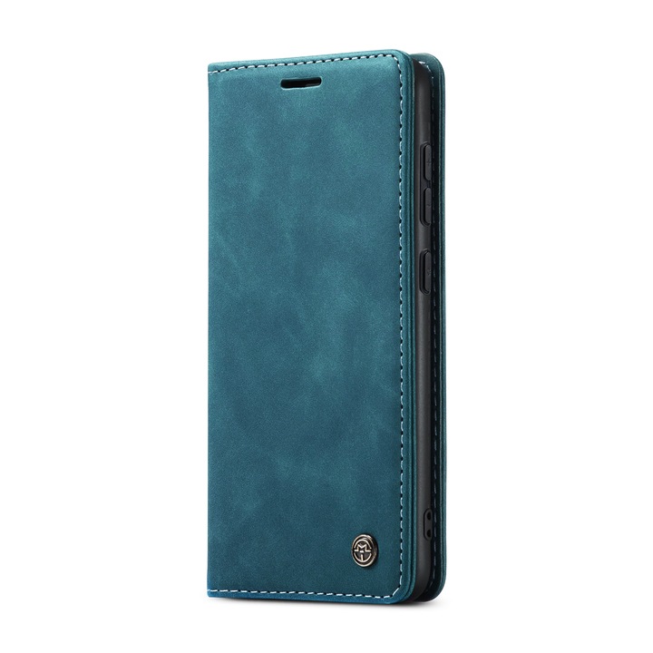 Калъф за Samsung Galaxy S24, CaseMe, slim, кожен, тип портфейл, стойка, магнитно закопчаване, кадифена текстура, Зеленикаво синьо