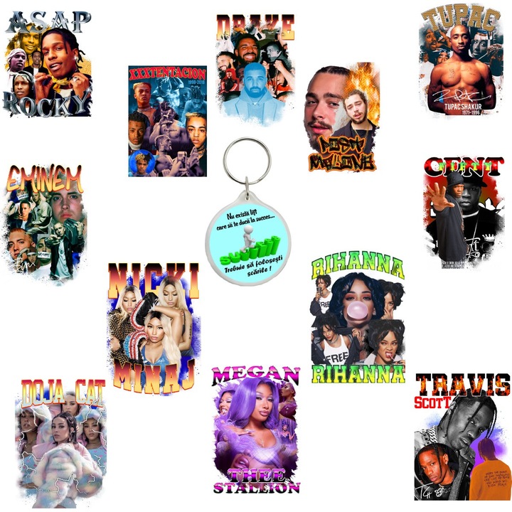 Set de 23 stickere Rap Music cu cei mai iubiti artisti din lume, pentru telefon laptop din Pvc Vinyl rezistent la apa, multicolor si breloc succes
