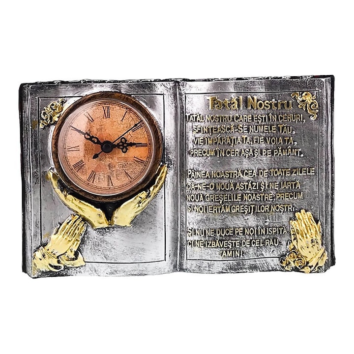 Decoratiune din rasina in forma de carte cu ceas si "Tatal Nostru", 24x14 cm, argintiu