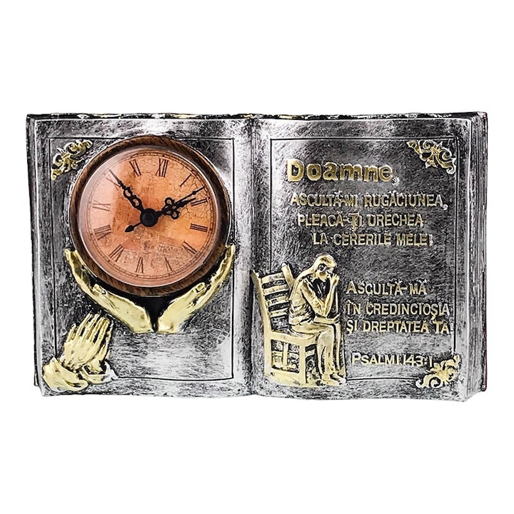 Decoratiune din rasina in forma de carte cu ceas si citat din Psalmi, 24x14 cm, argintiu