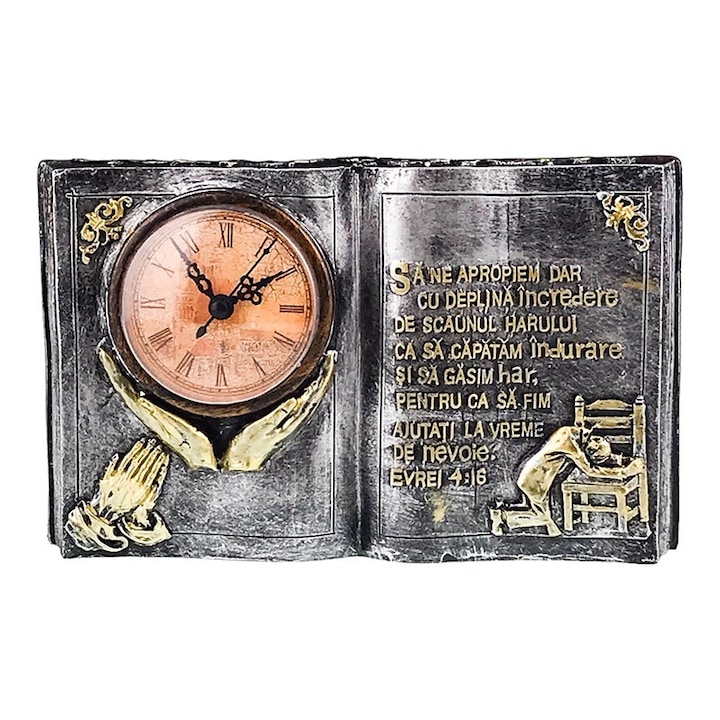 Decoratiune din rasina in forma de carte cu ceas si citat religios, 24x14 cm, argintiu