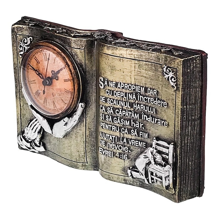 Decoratiune din rasina in forma de carte cu ceas si citat religios, 24x14 cm, auriu