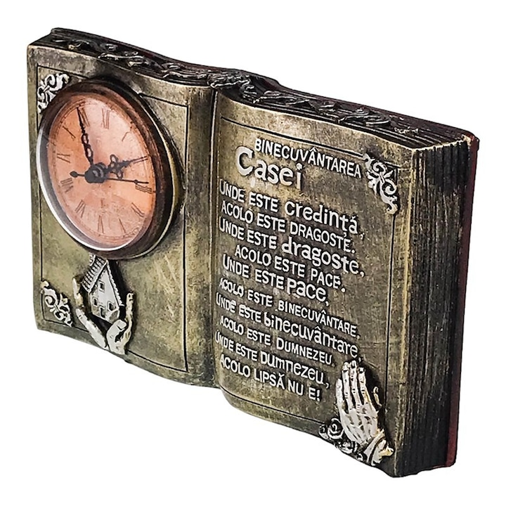 Decoratiune din rasina in forma de carte cu ceas si "Binecuvantarea casei", 24x14 cm, auriu