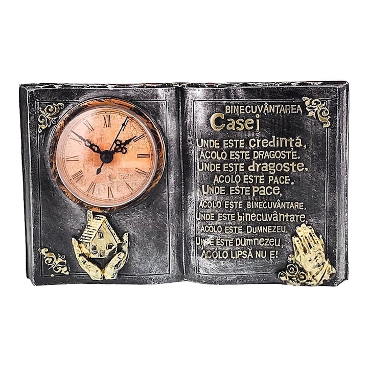 Decoratiune din rasina in forma de carte cu ceas si "Binecuvantarea casei", 24x14 cm, argintiu