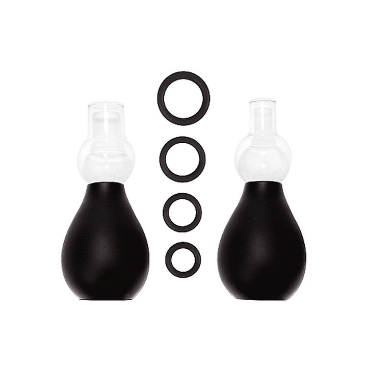 Комплект от 2 помпи за стимулация на гърдите и 4 ринга, Ouch!, ABS, 7x3x3cm, Черен/Прозрачен