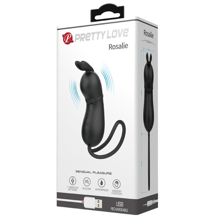 Вибратор Bullet със заешки уши, Boss of Toys Rosalie, 7 вибрационни функции, черен, USB презареждаем