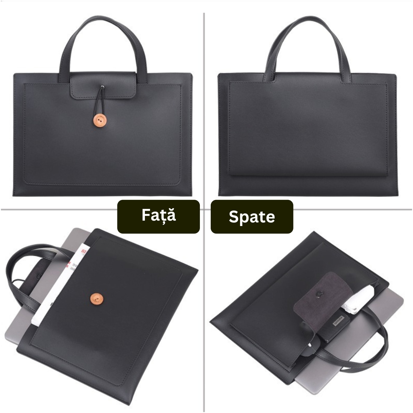 Geanta pentru laptop, tip servieta, 3 compartimente, piele ecologica, negru, 16 inch, compatibila cu MacBook AleFla Eshop