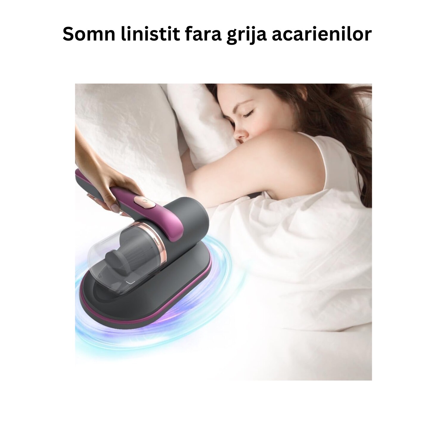 Aspirator portabil anti-acarieni cu sterilizare UV, eficienta de filtrare 99%, violet