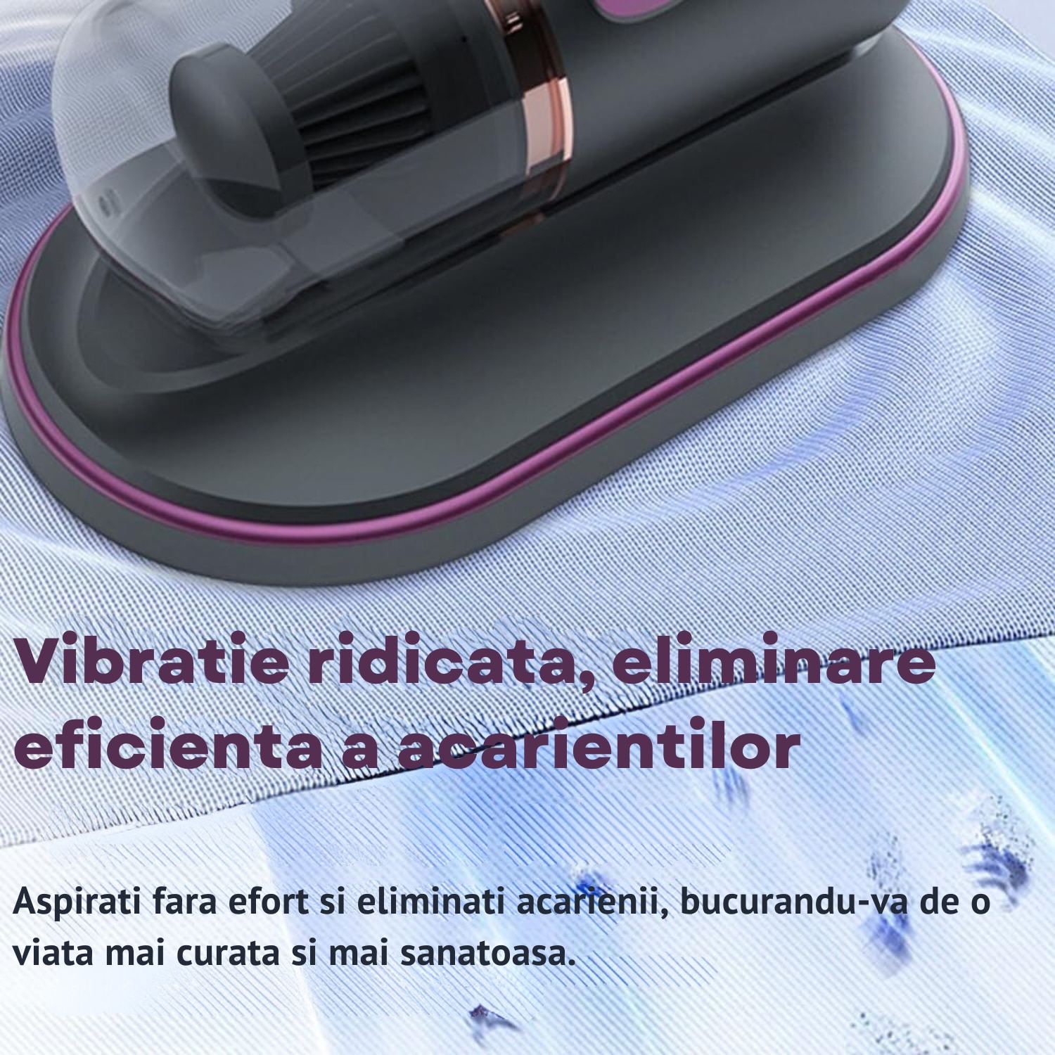 Aspirator portabil anti-acarieni cu sterilizare UV, eficienta de filtrare 99%, violet
