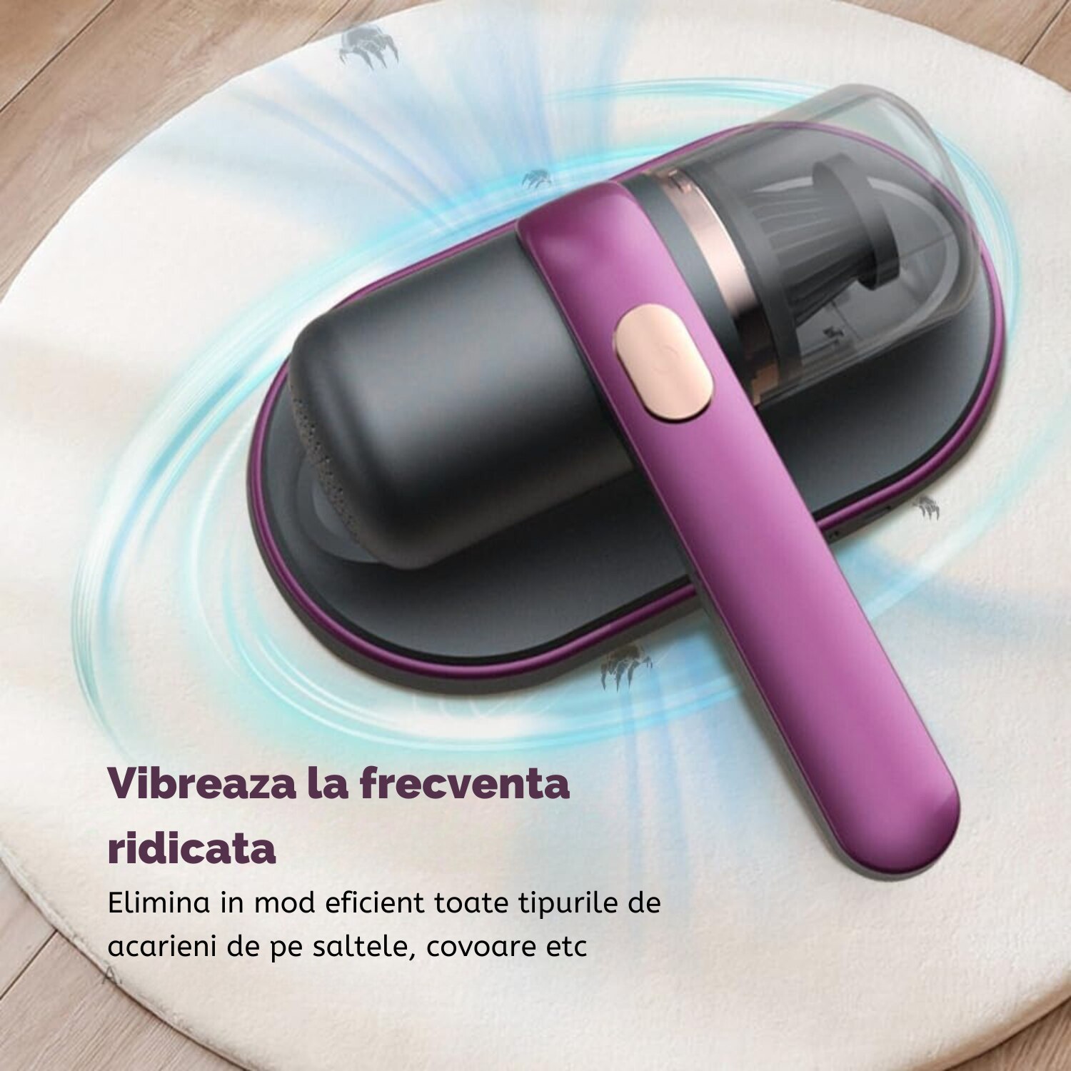 Aspirator portabil anti-acarieni cu sterilizare UV, eficienta de filtrare 99%, violet