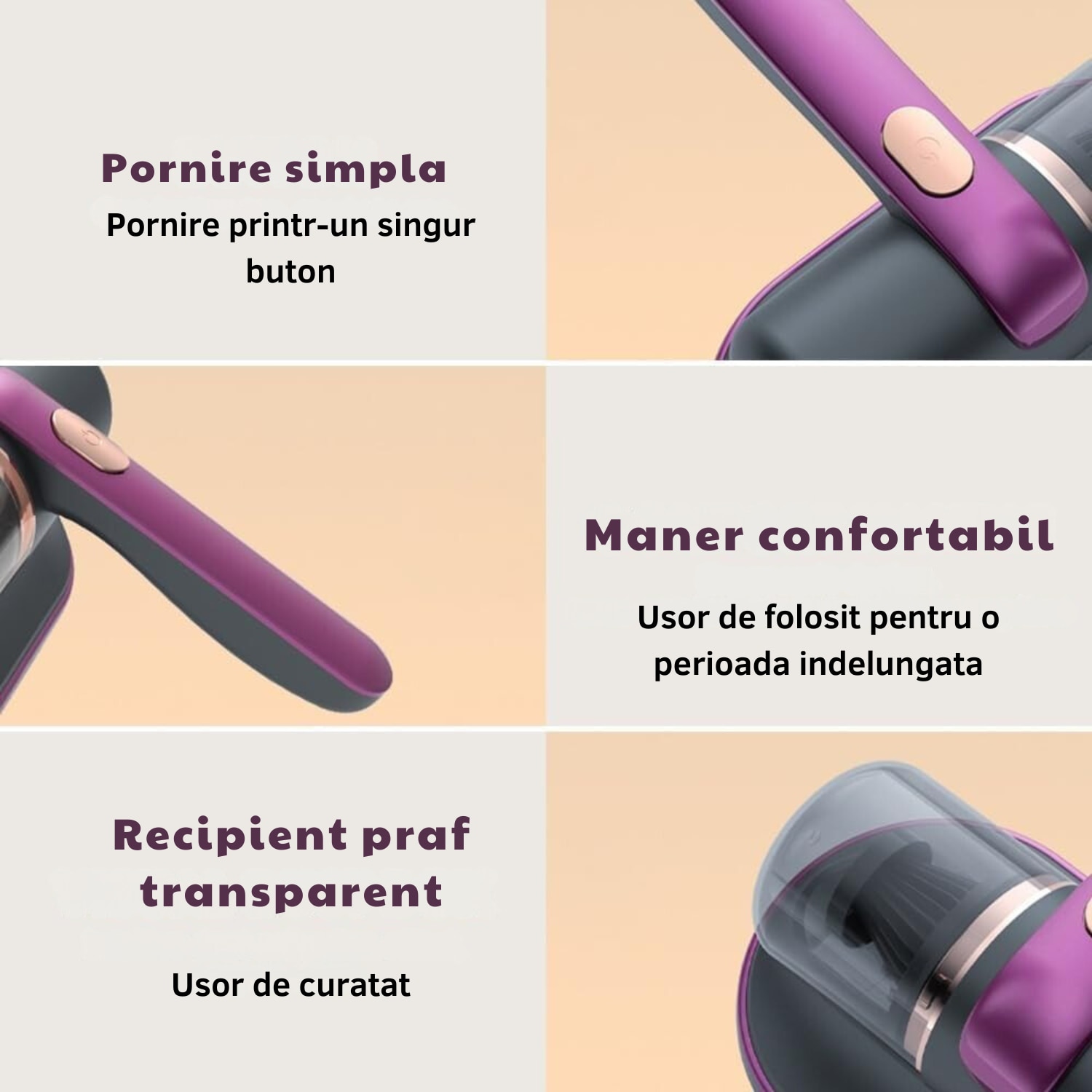 Aspirator portabil anti-acarieni cu sterilizare UV, eficienta de filtrare 99%, violet