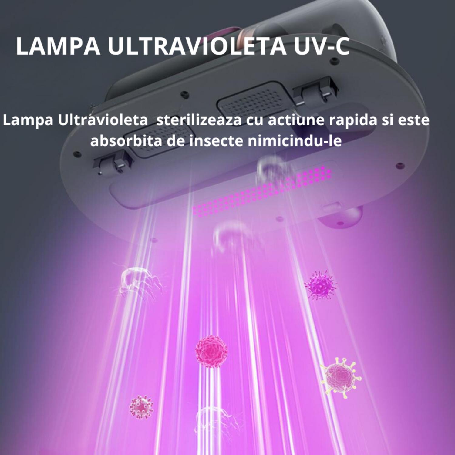 Aspirator portabil anti-acarieni cu sterilizare UV, eficienta de filtrare 99%, violet