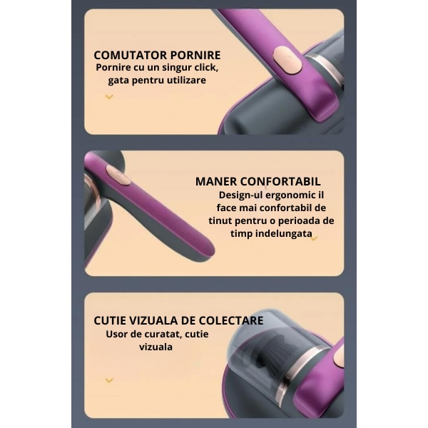 Aspirator Antiacarieni Tehnologie UV cu elemente de filtrare, Putere de Aspirare mare, Portabil cu acumulator si Multifunctional, Violet