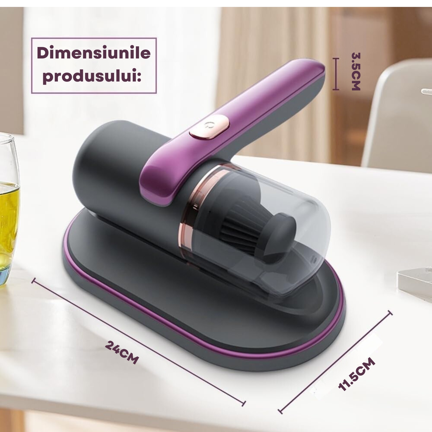 Aspirator portabil anti-acarieni cu sterilizare UV, eficienta de filtrare 99%, violet