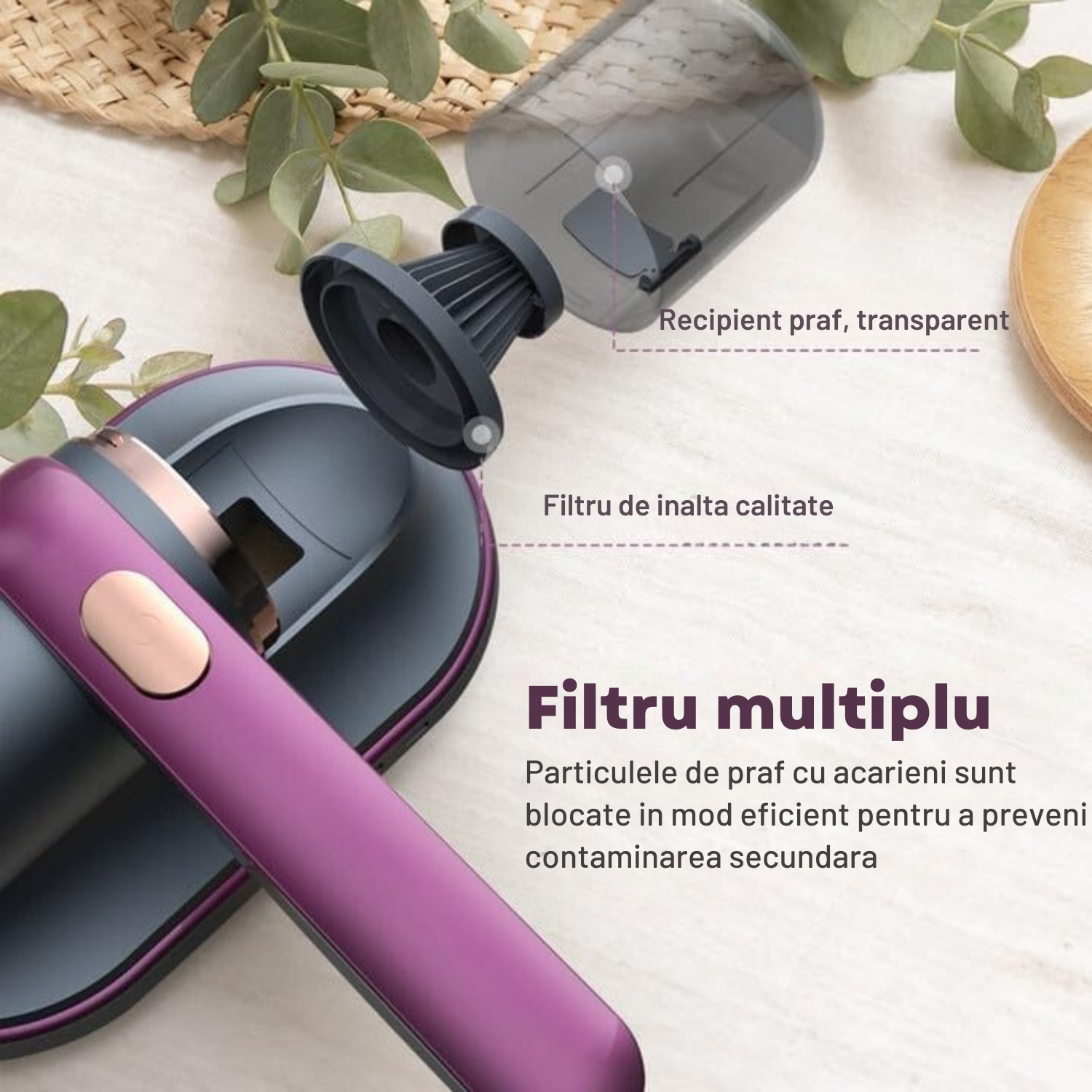 Aspirator portabil anti-acarieni cu sterilizare UV, eficienta de filtrare 99%, violet