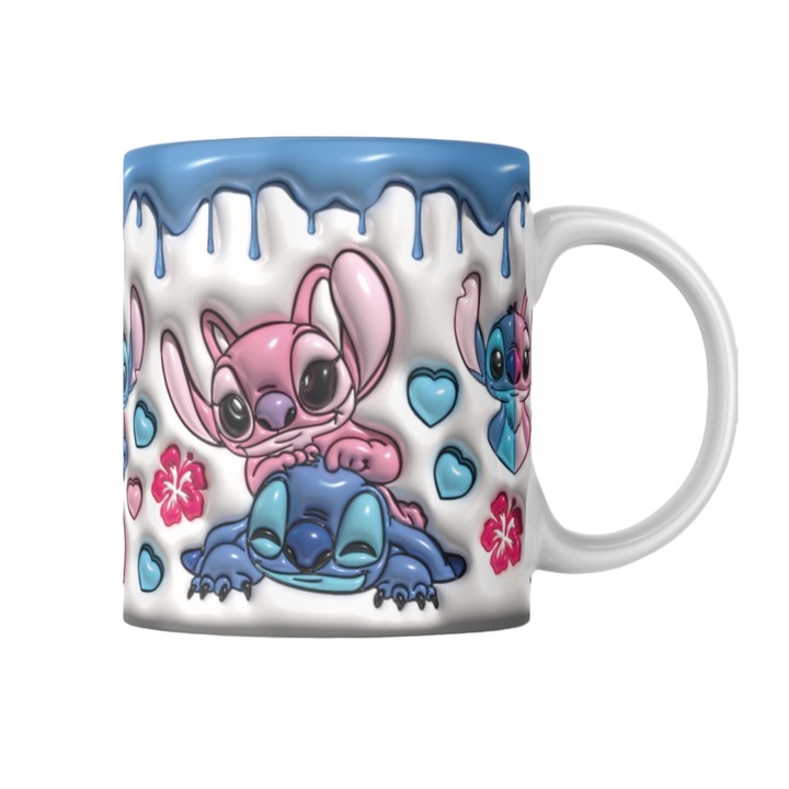 Cana personalizata Forever love Stitch and Angel, Ceramica, Alb, 350 ml