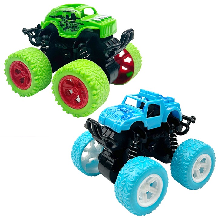 Masinute de jucarie, cu inertie, rotire 360 grade, tractiune 4x4, off-road, cu amortizoare, pentru copii +3 ani, set 2 buc, Verde, Albastru, OptimStar®