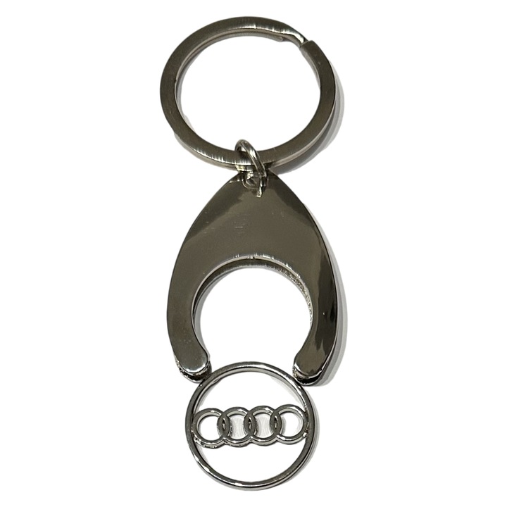 Breloc pentru chei auto, Audi, Emblema detasabila cu functie de jeton carucior, Metal, Argintiu