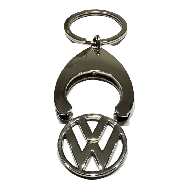 Breloc pentru chei auto, Volkswagen, Emblema detasabila cu functie de jeton carucior, Metal, Argintiu
